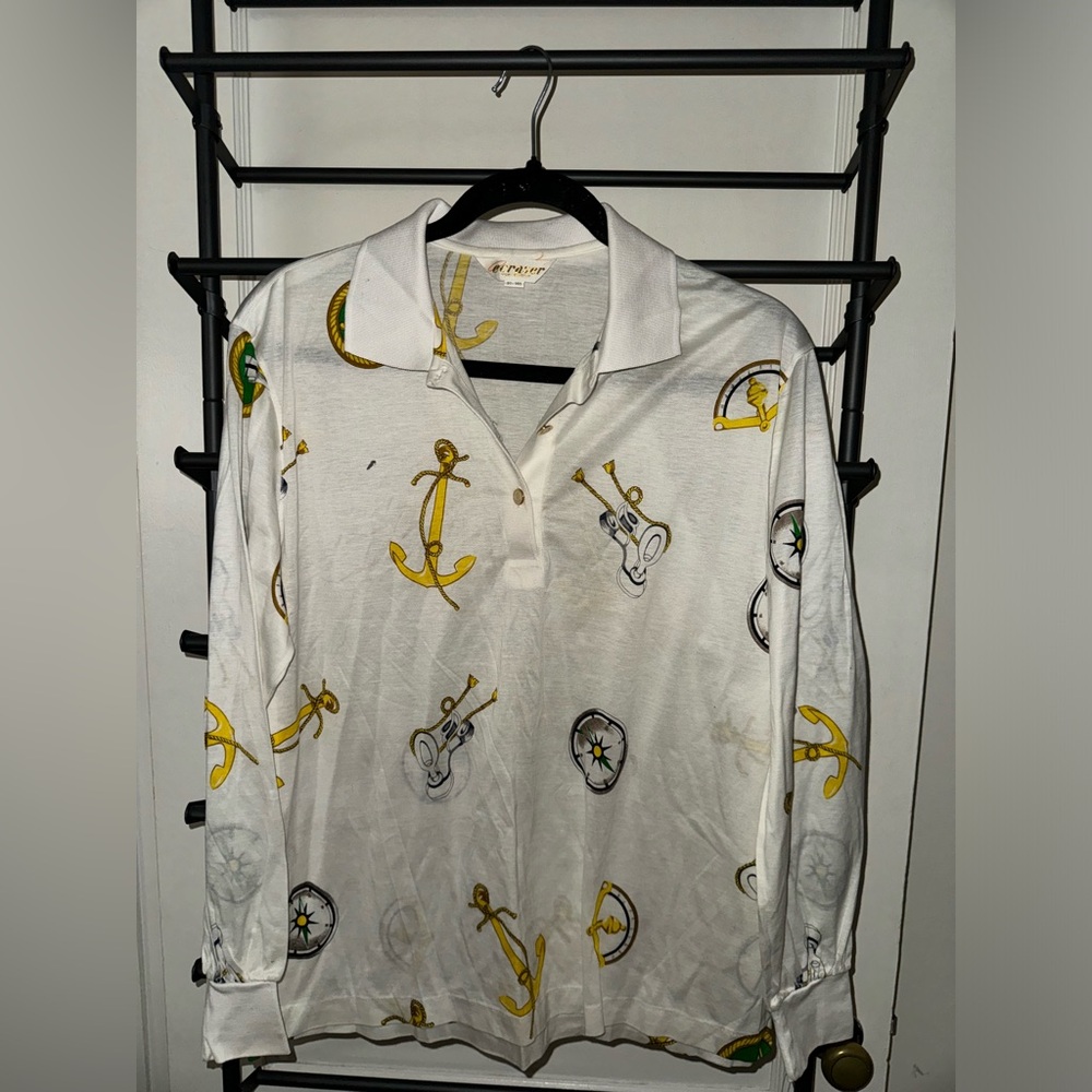 Ecraser White and Yellow Nautical long sleeve Polo